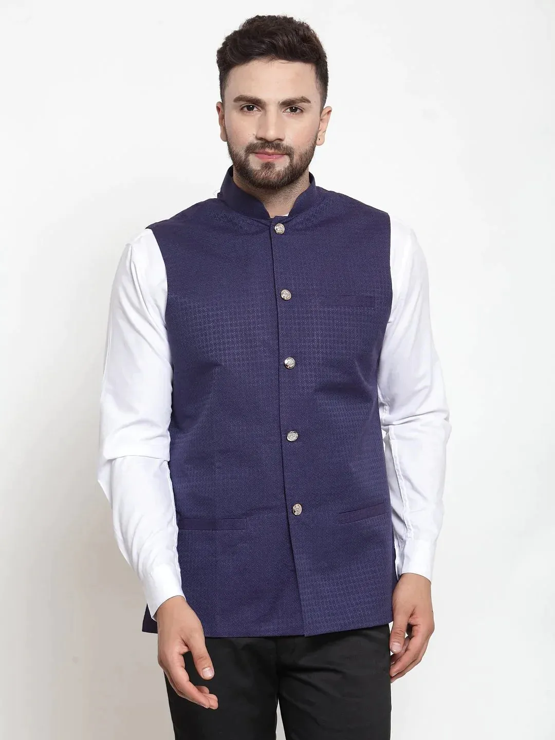 Men Navy-Blue Woven Design Nehru Jacket