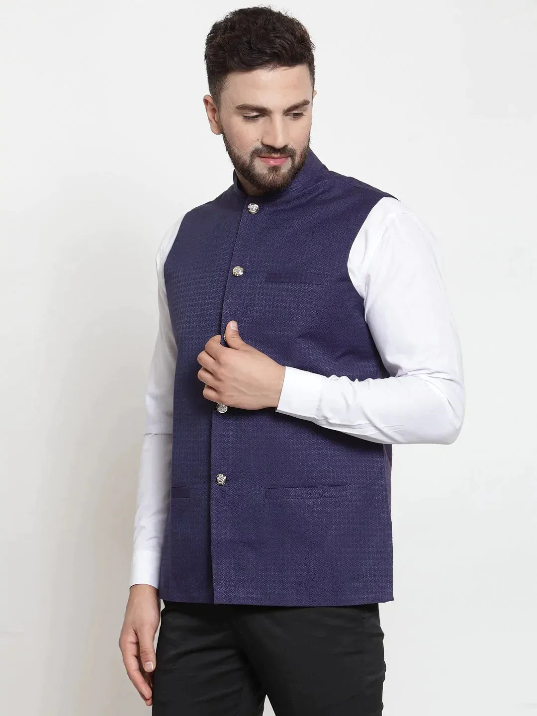 Men Navy-Blue Woven Design Nehru Jacket