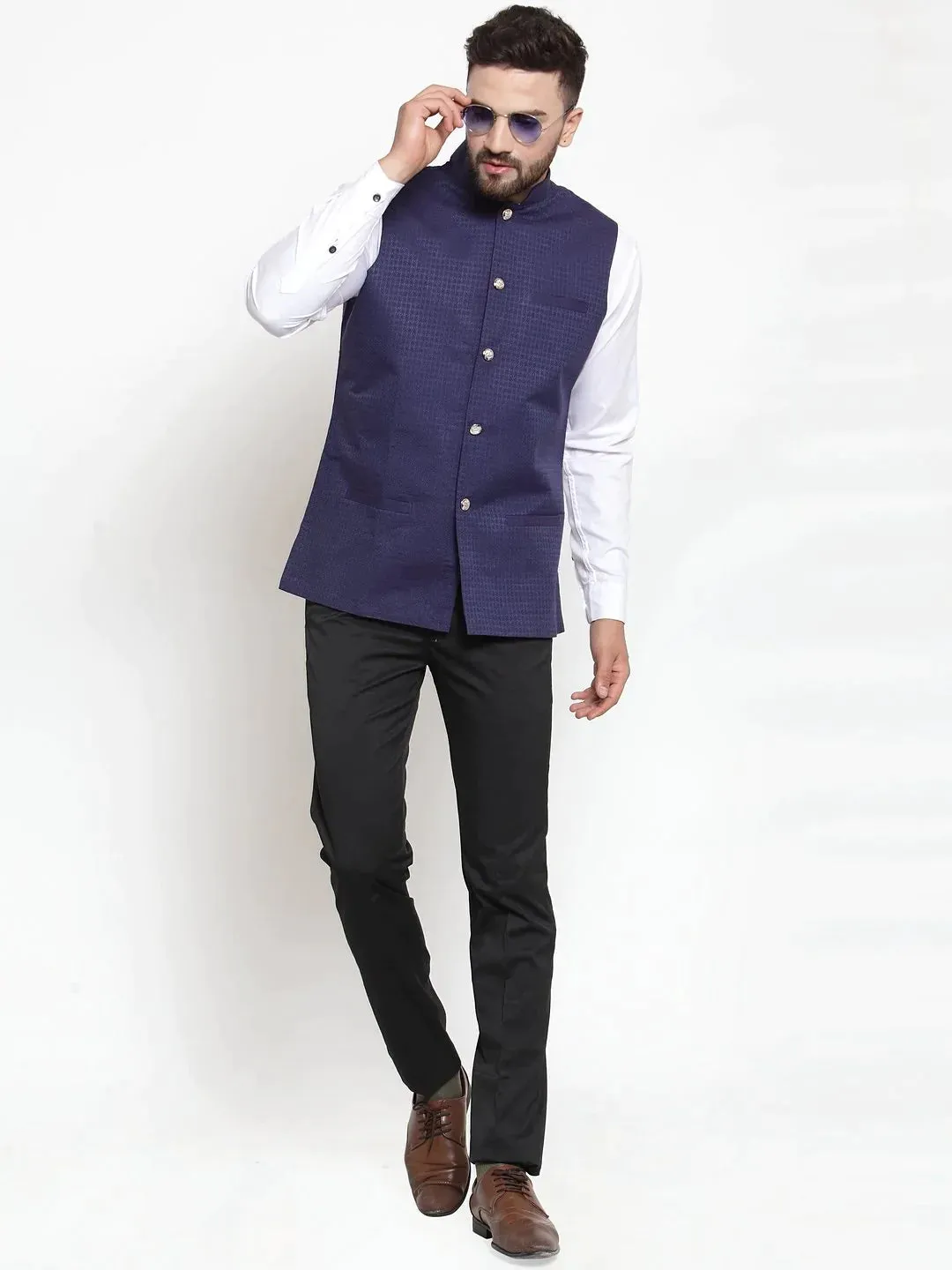 Men Navy-Blue Woven Design Nehru Jacket