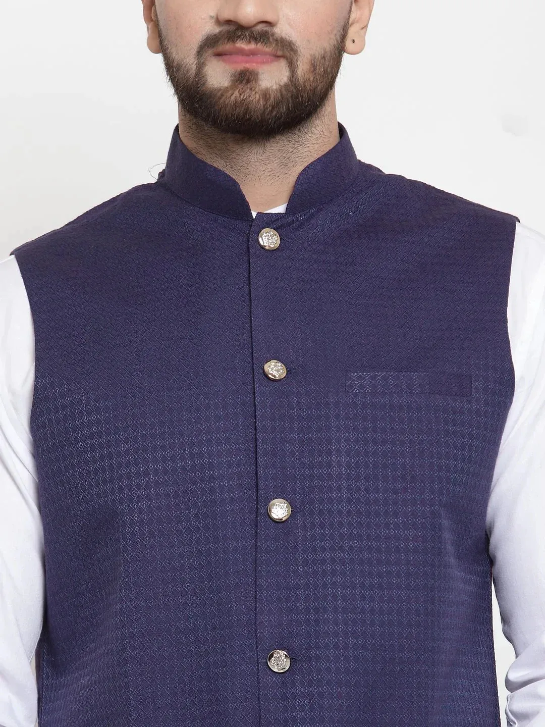 Men Navy-Blue Woven Design Nehru Jacket