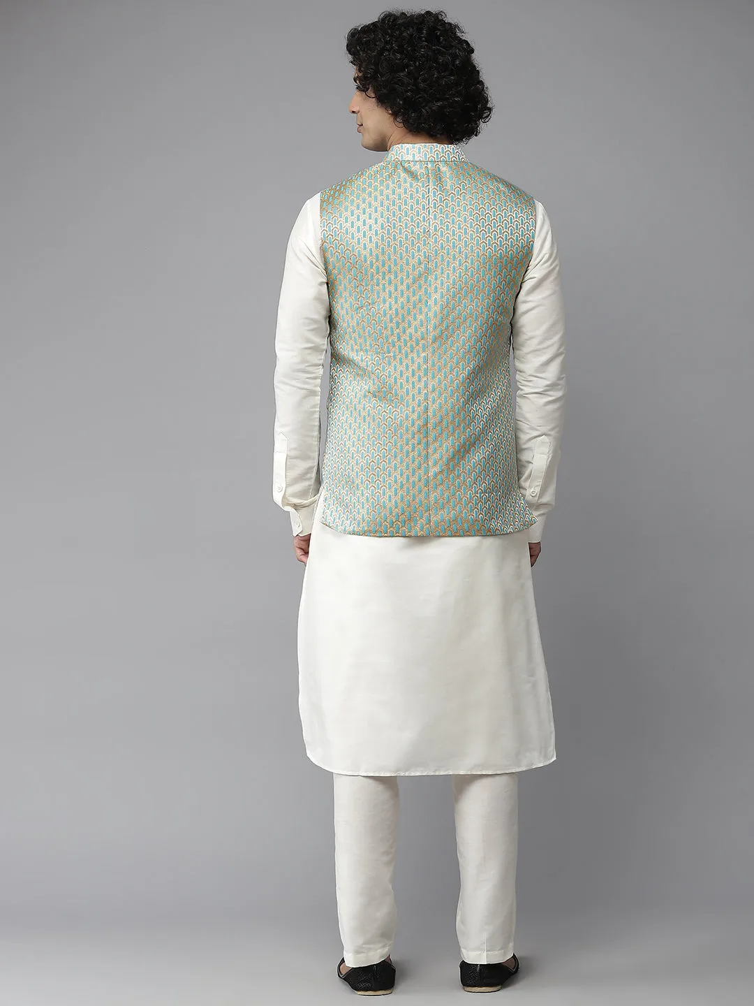 Men Sea Green & White Woven Jacquard Neharu Jacket