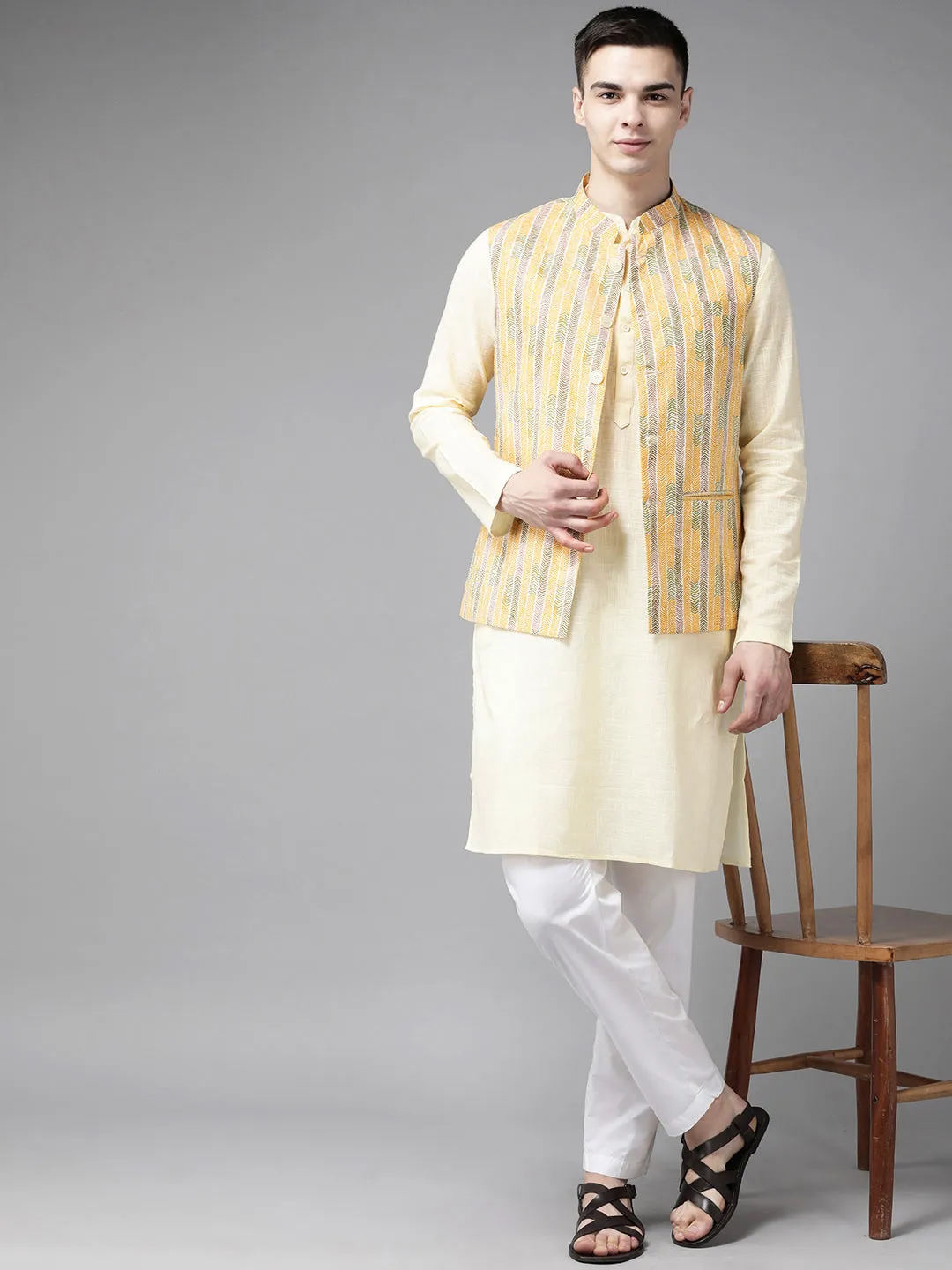 Men Yellow & Beige Printed Pure Cotton Neharu Jacket