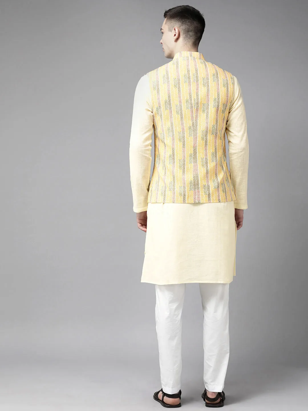 Men Yellow & Beige Printed Pure Cotton Neharu Jacket