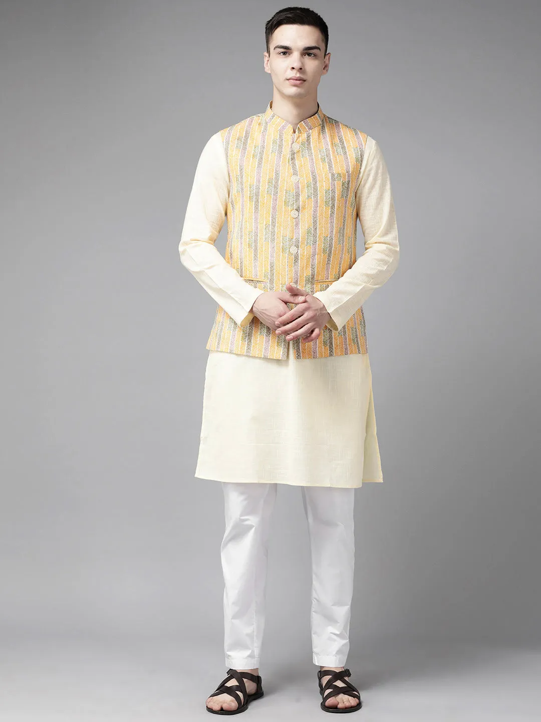 Men Yellow & Beige Printed Pure Cotton Neharu Jacket