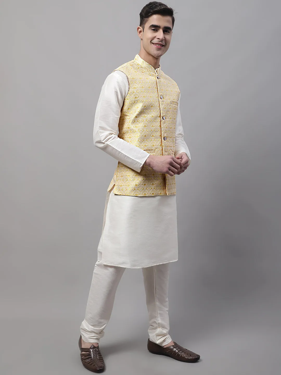 Men Yellow And White Woven Design Waistcoats