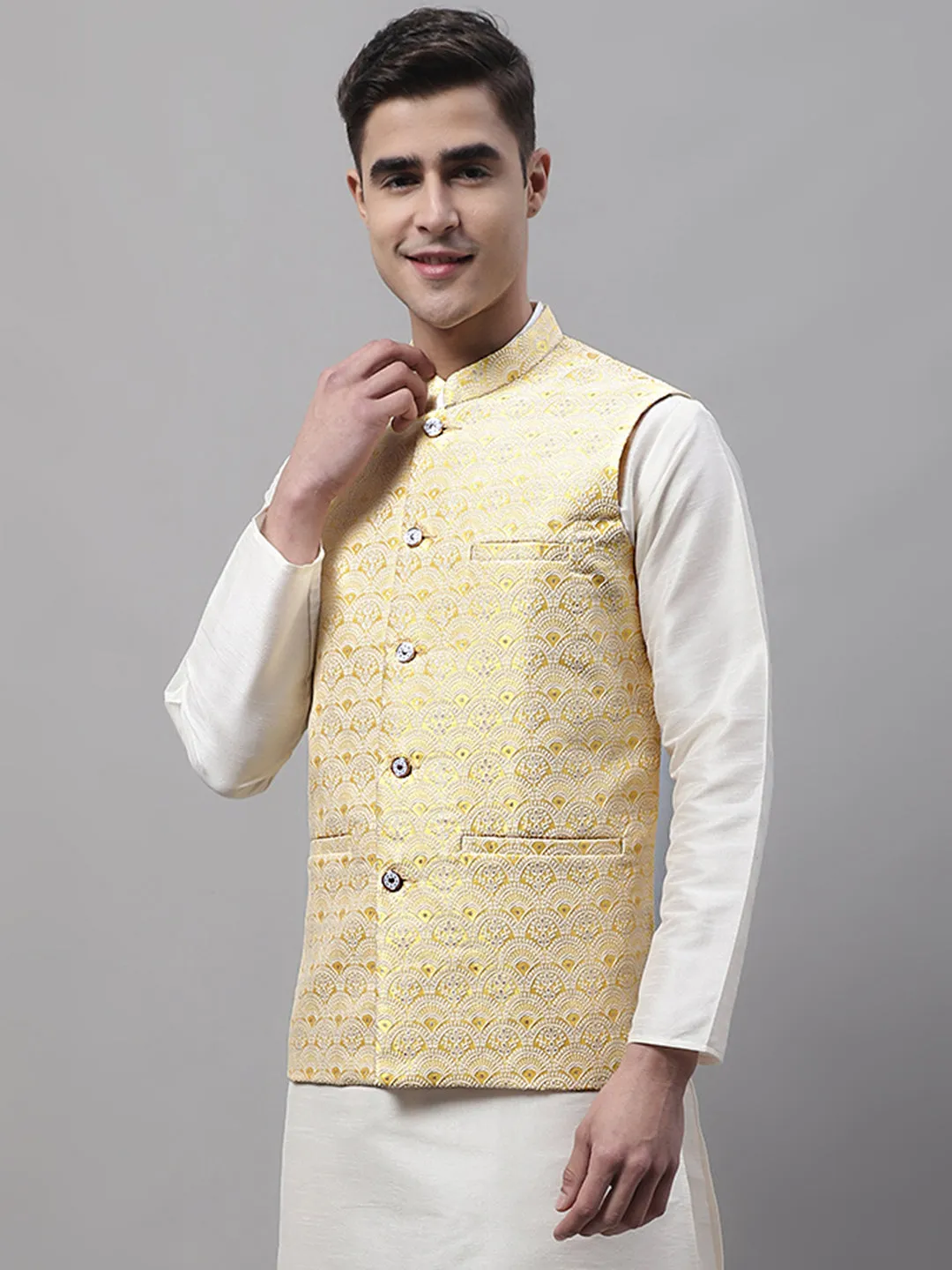 Men Yellow And White Woven Design Waistcoats