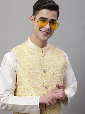 Men Yellow And White Woven Design Waistcoats