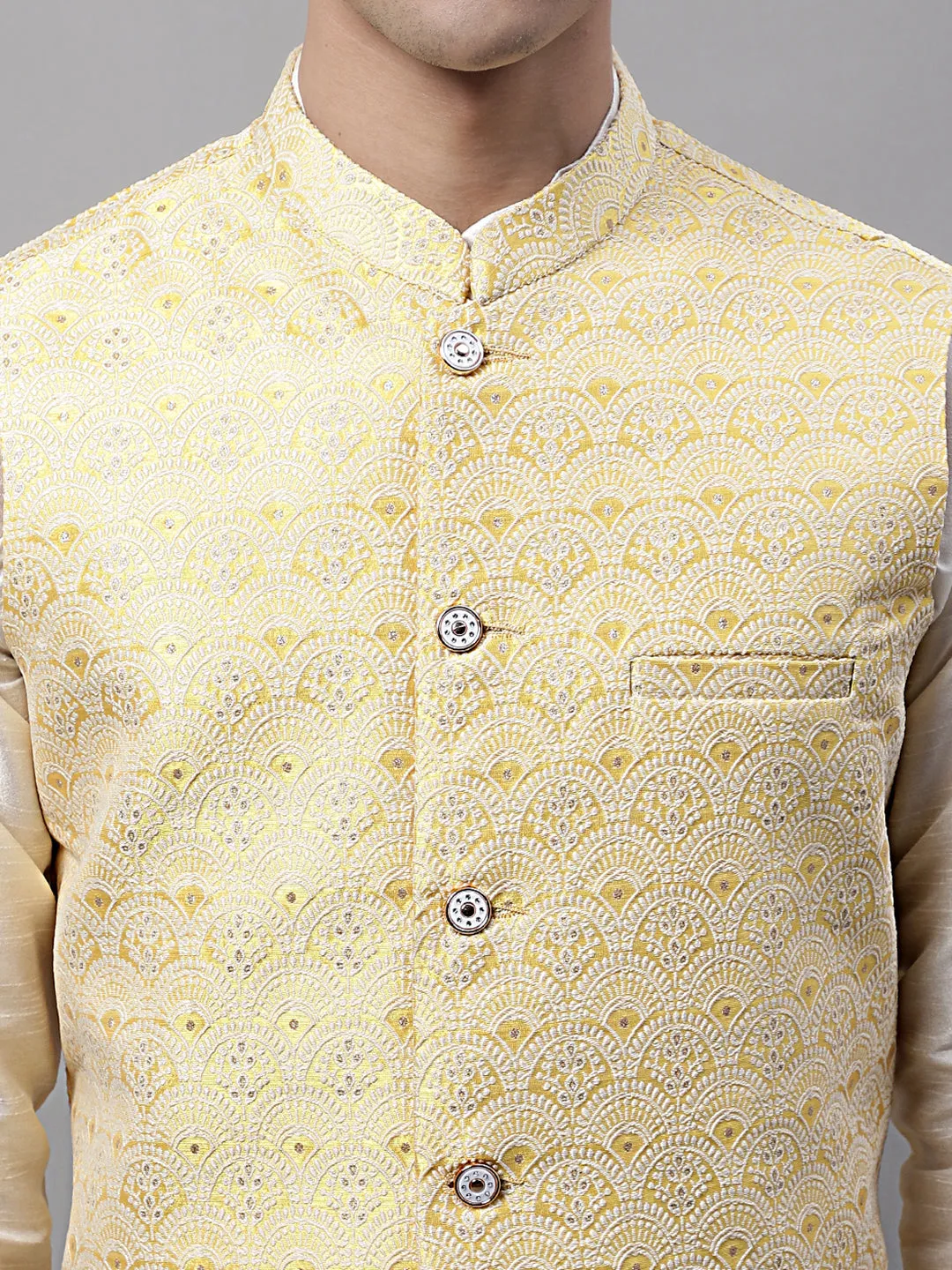 Men Yellow And White Woven Design Waistcoats