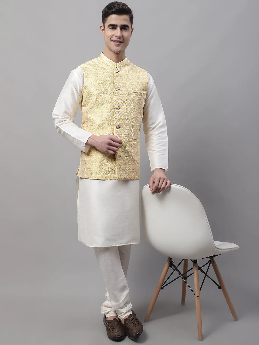 Men Yellow And White Woven Design Waistcoats