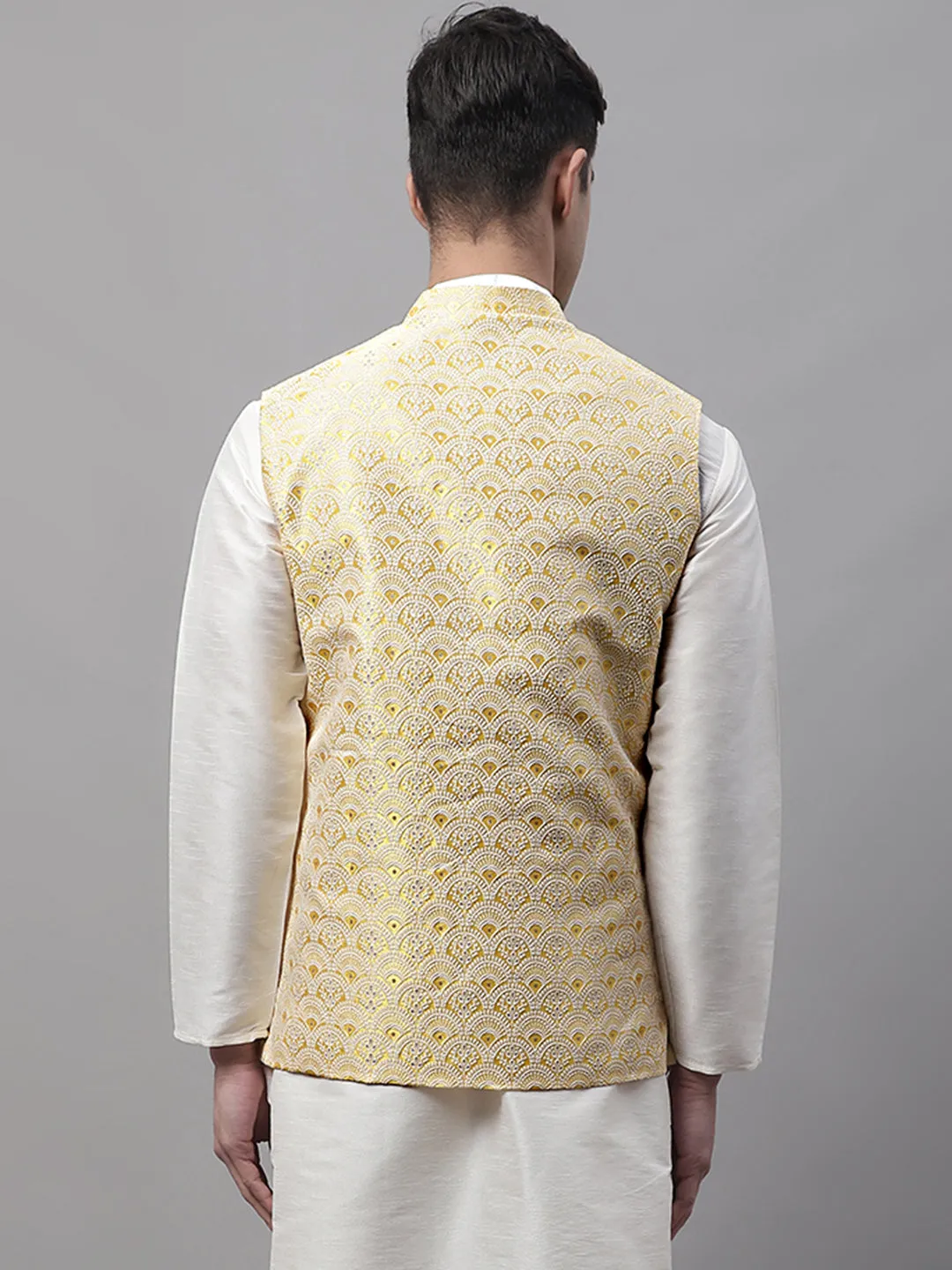 Men Yellow And White Woven Design Waistcoats