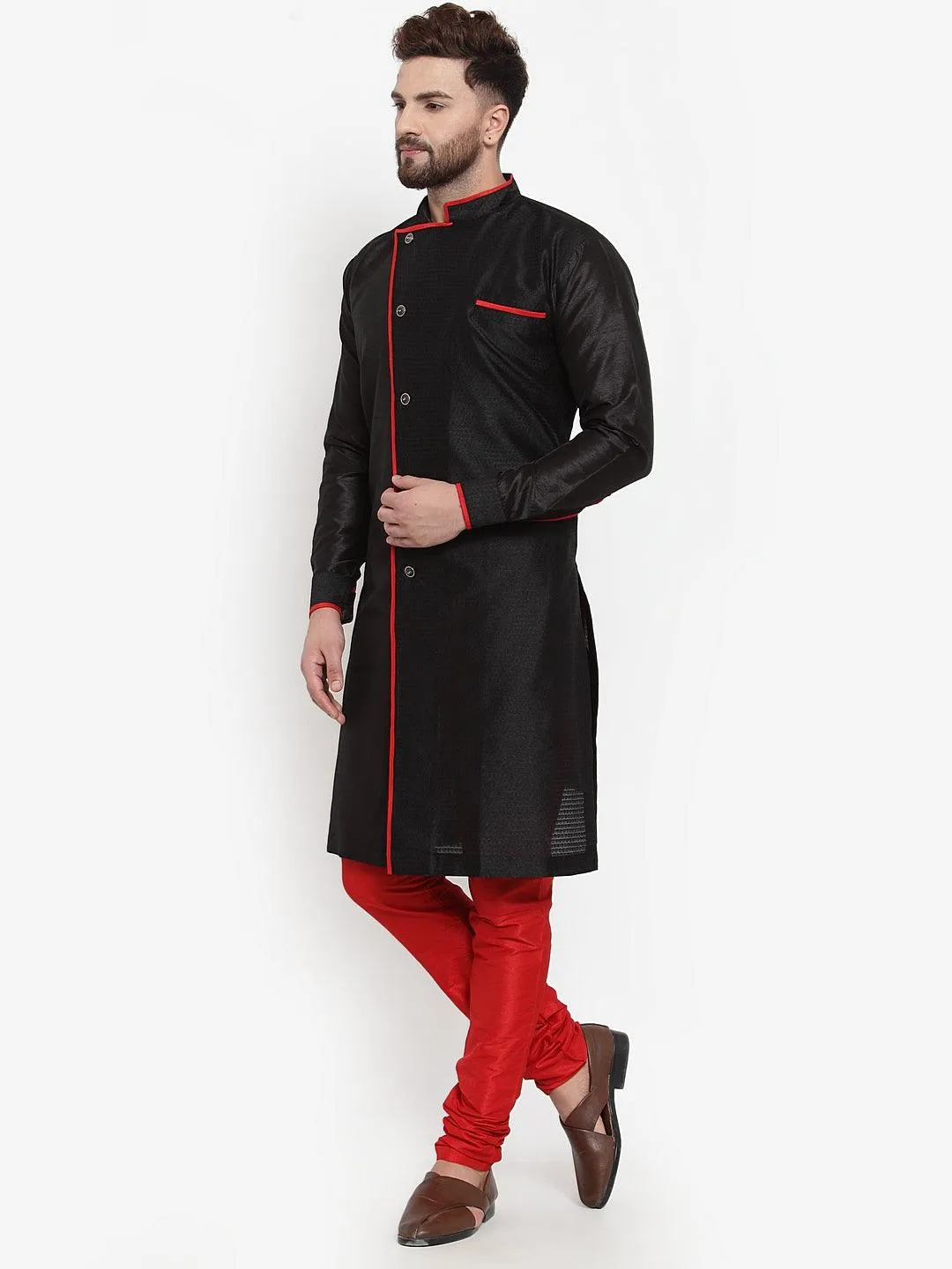 Men's Black Self Design Kurta With Maroon Churidaar Pyjama - Benstoke