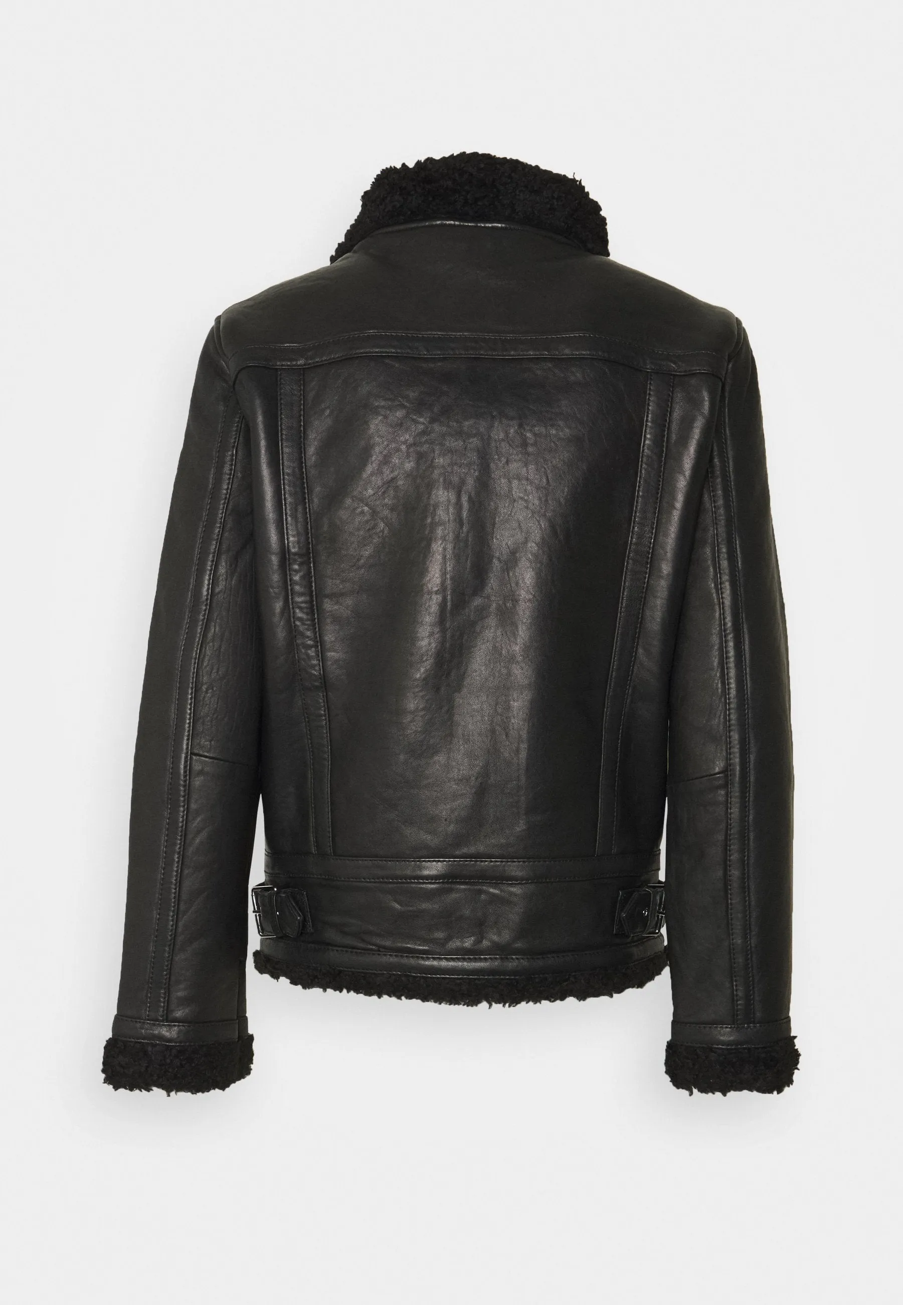 Men's Black Shearling Leather Jacket with Big Collar