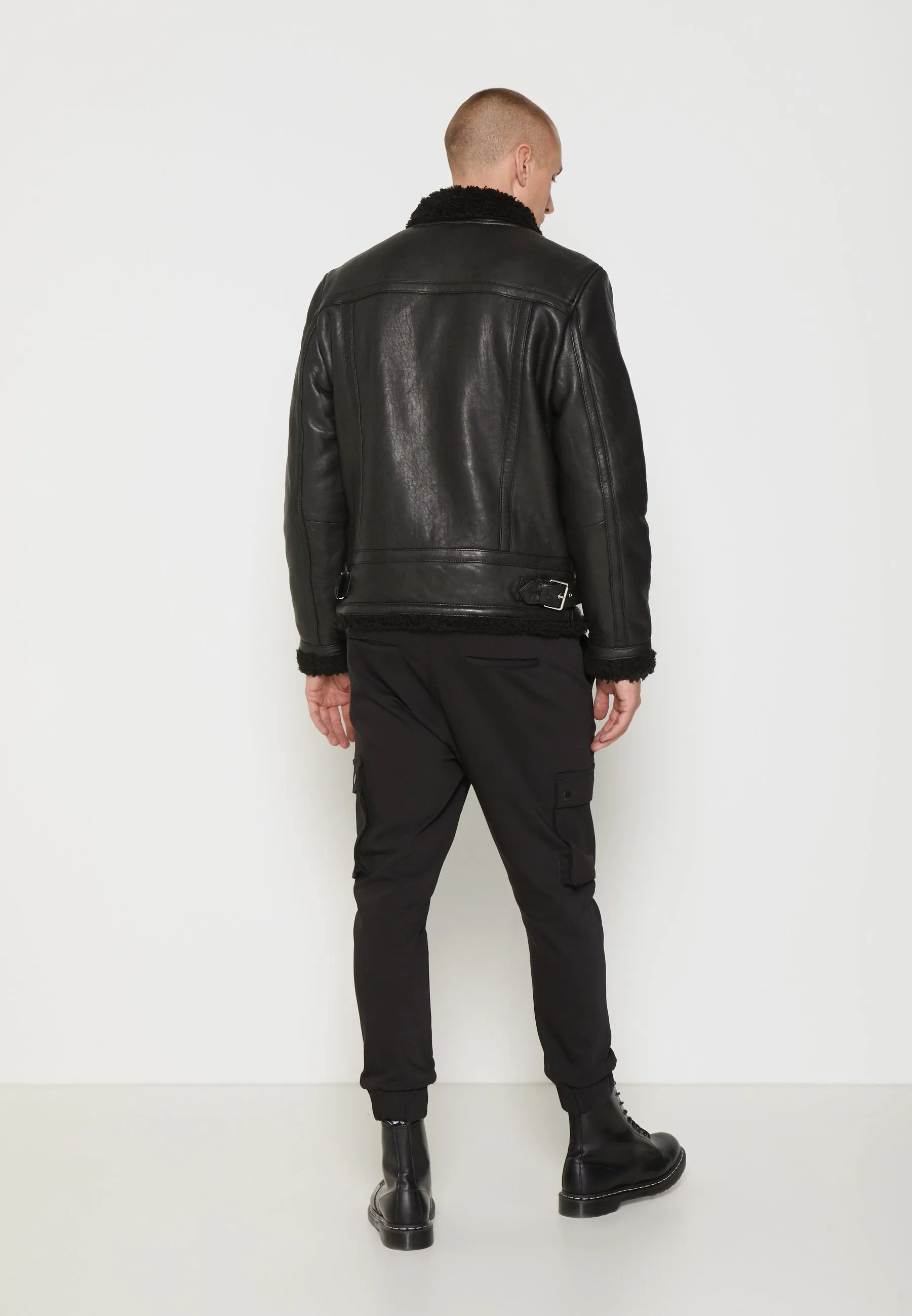 Men's Black Shearling Leather Jacket with Big Collar