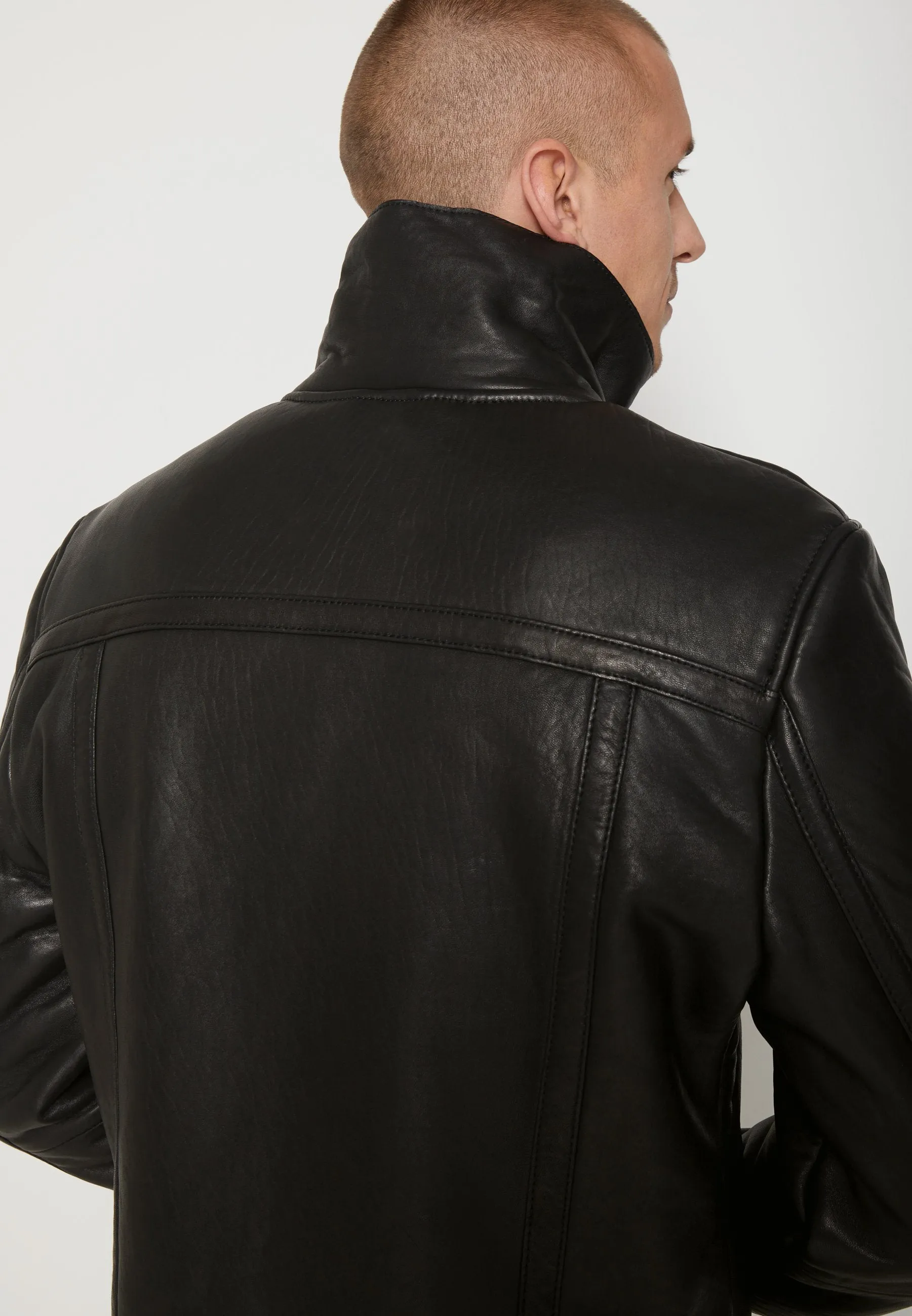 Men's Black Shearling Leather Jacket with Big Collar