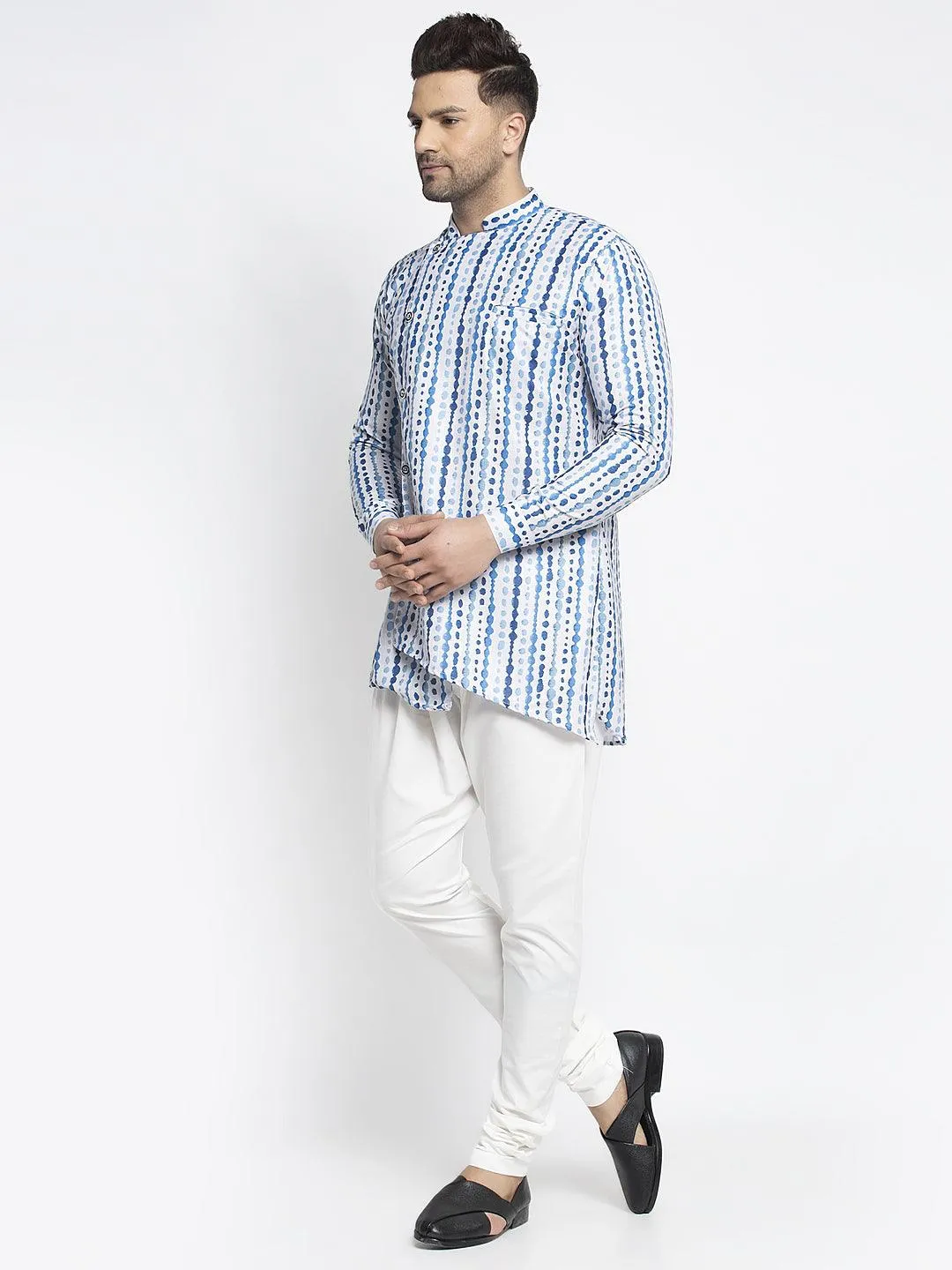 Men's Blue & White Printed Short Kurta With White Pyjama - Benstoke