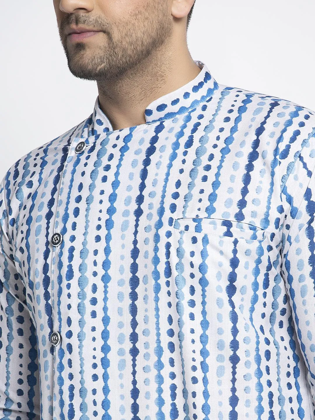 Men's Blue & White Printed Short Kurta With White Pyjama - Benstoke