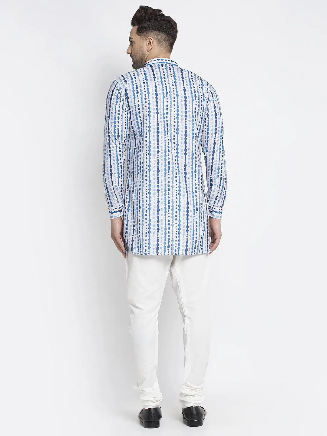 Men's Blue & White Printed Short Kurta With White Pyjama - Benstoke