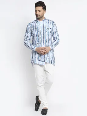 Men's Blue & White Printed Short Kurta With White Pyjama - Benstoke