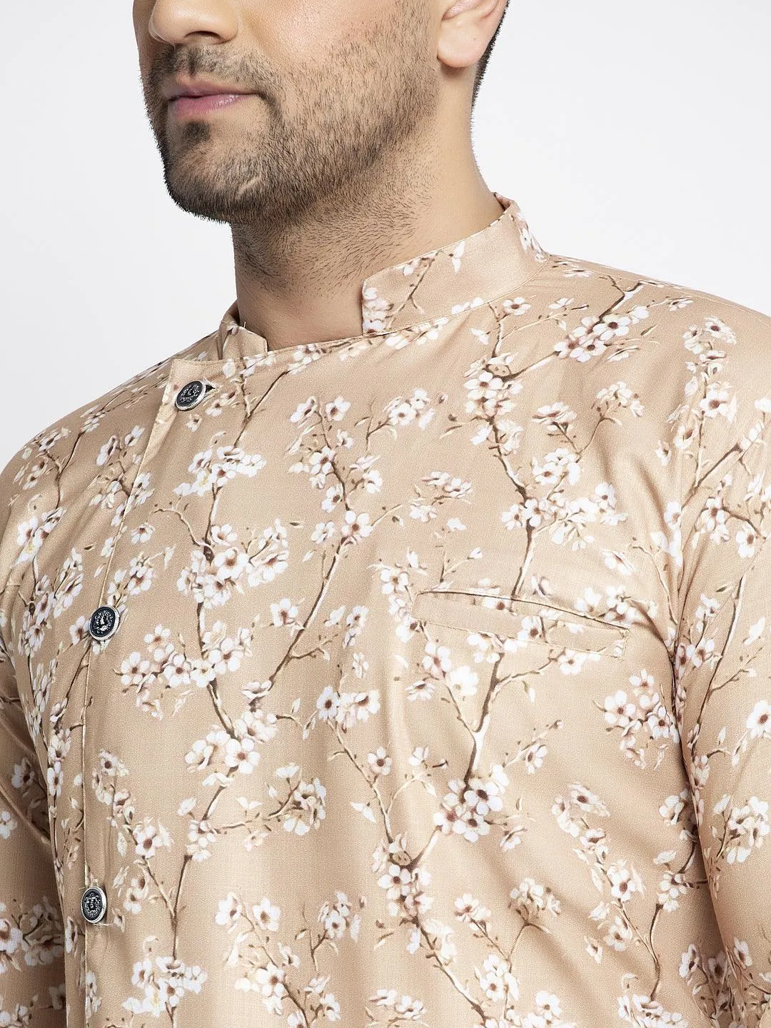 Men's Brown & White Printed Short Kurta With White Pyjama - Benstoke