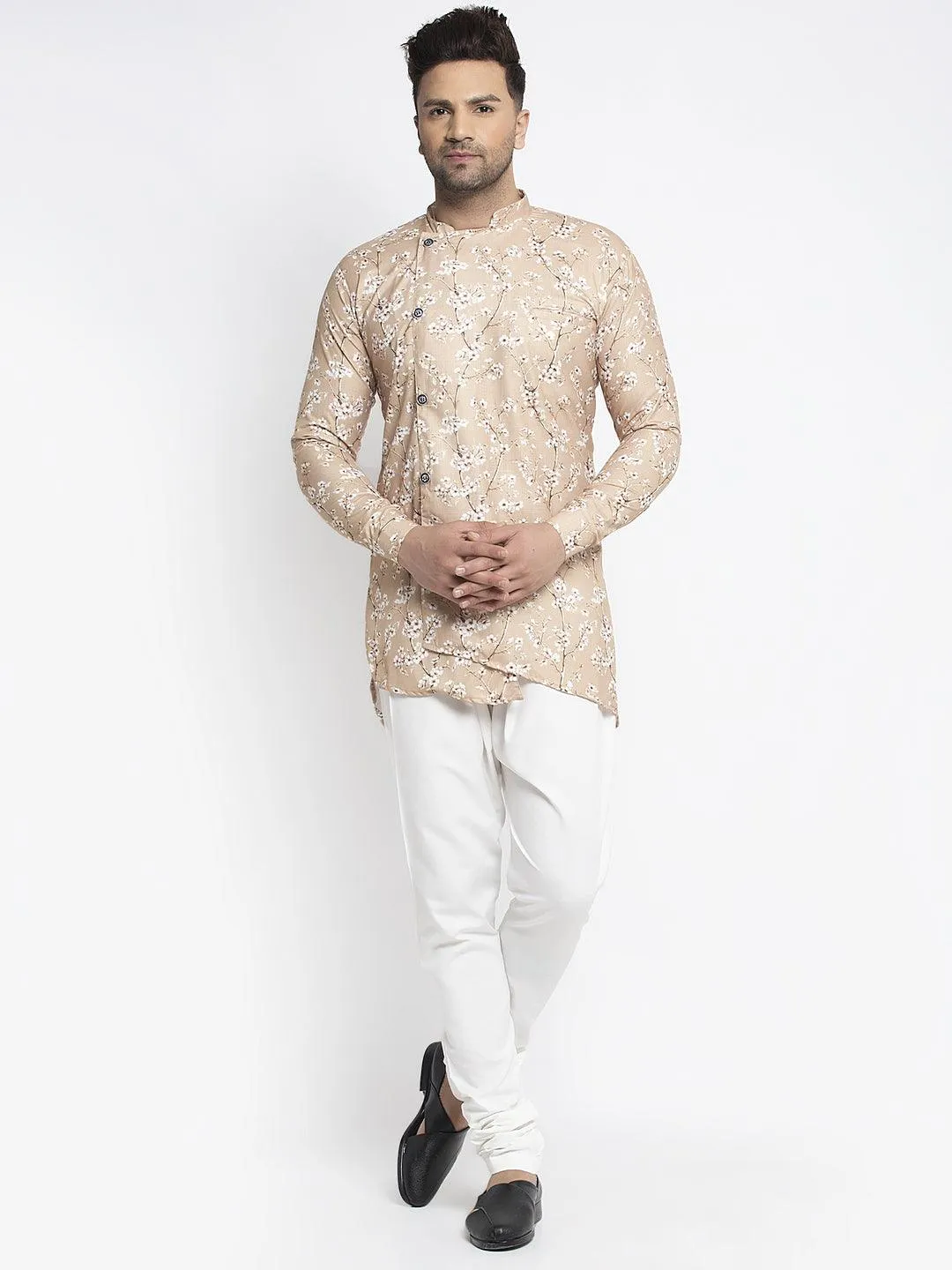 Men's Brown & White Printed Short Kurta With White Pyjama - Benstoke