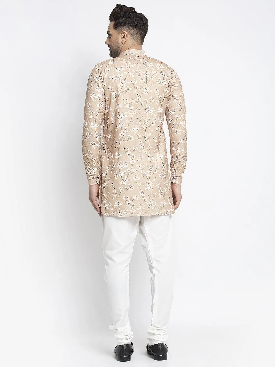 Men's Brown & White Printed Short Kurta With White Pyjama - Benstoke