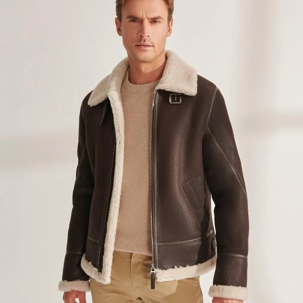 Men’s Brown Pilot Shearling Aviator Leather Jacket