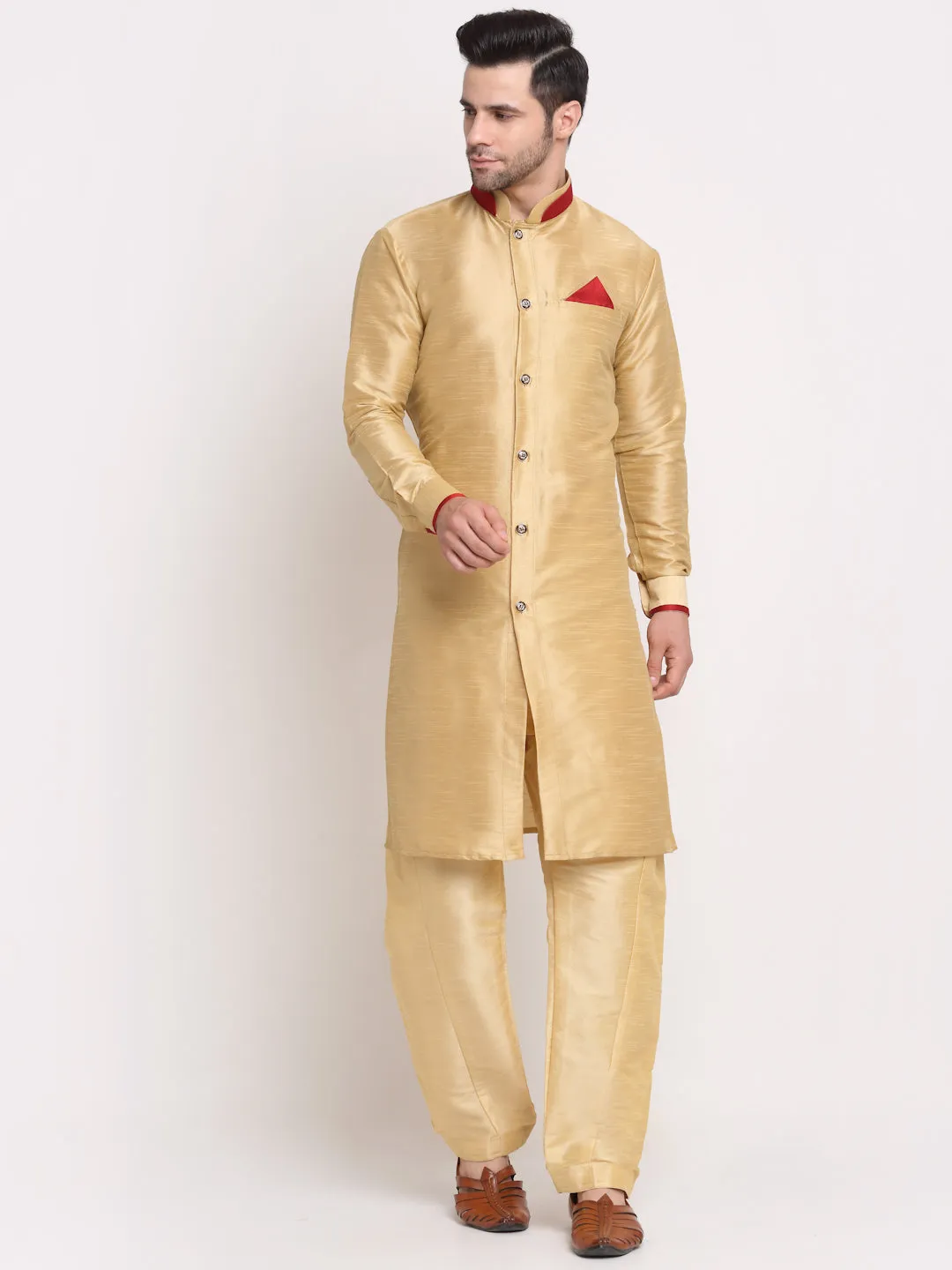 Men's Gold Solid Kurta With Pyjamas Set - Benstoke