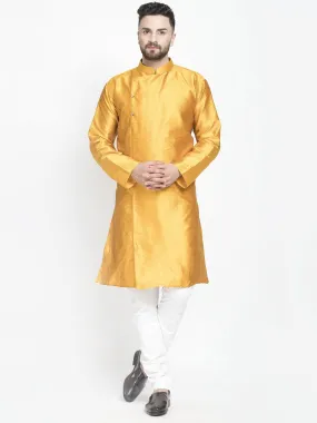 Men's Mustard Self Design Kurta With White Churidaar Pyjama - Benstoke