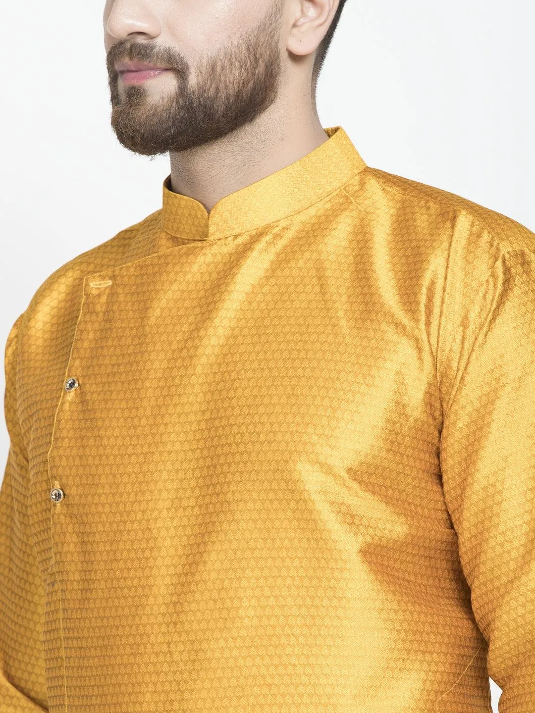 Men's Mustard Self Design Kurta With White Churidaar Pyjama - Benstoke