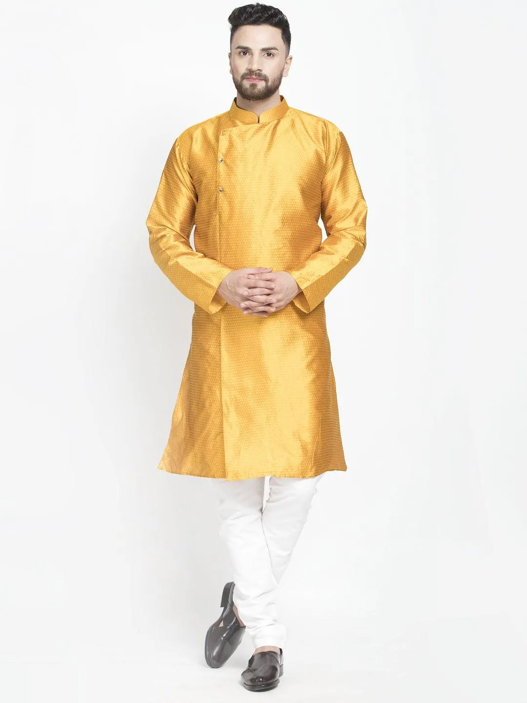 Men's Mustard Self Design Kurta With White Churidaar Pyjama - Benstoke