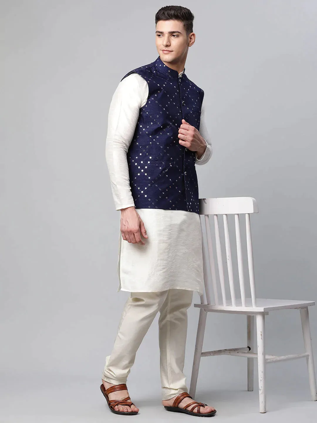 Men'S Navy Mirror Work Embroidered Nehru Jacket