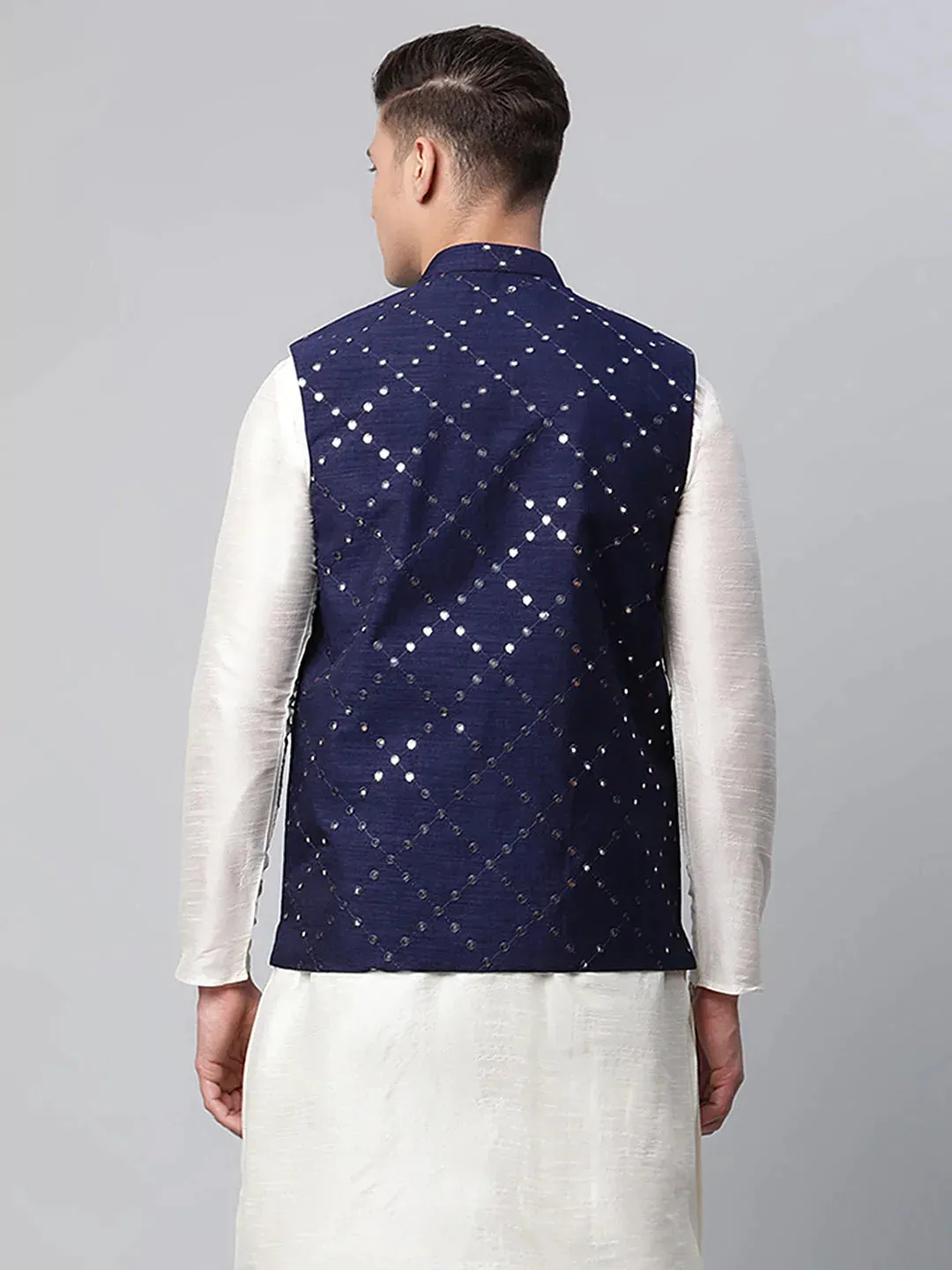 Men'S Navy Mirror Work Embroidered Nehru Jacket