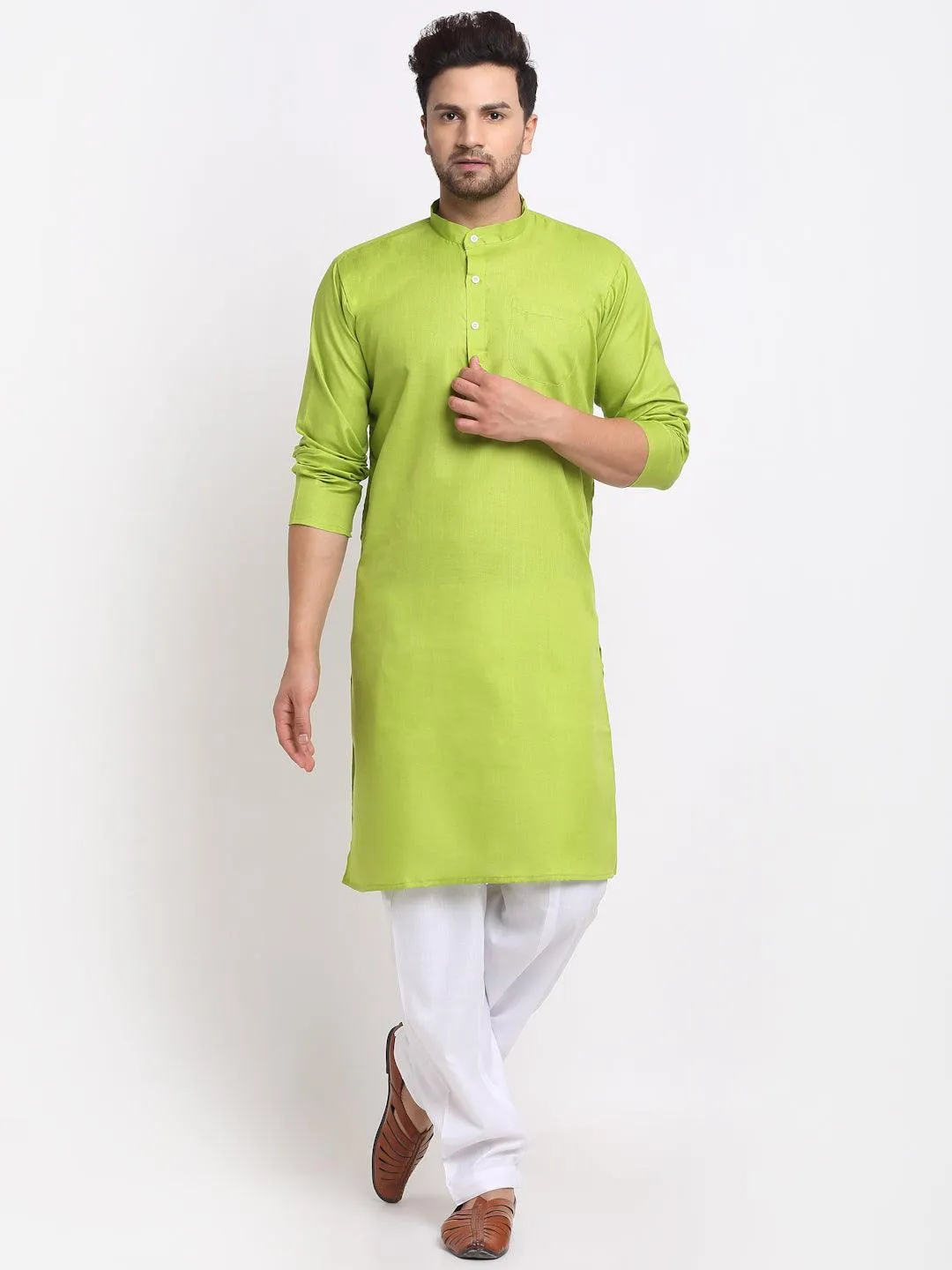 Men's Parrot Green Solid Kurta With White Salwar - Benstoke