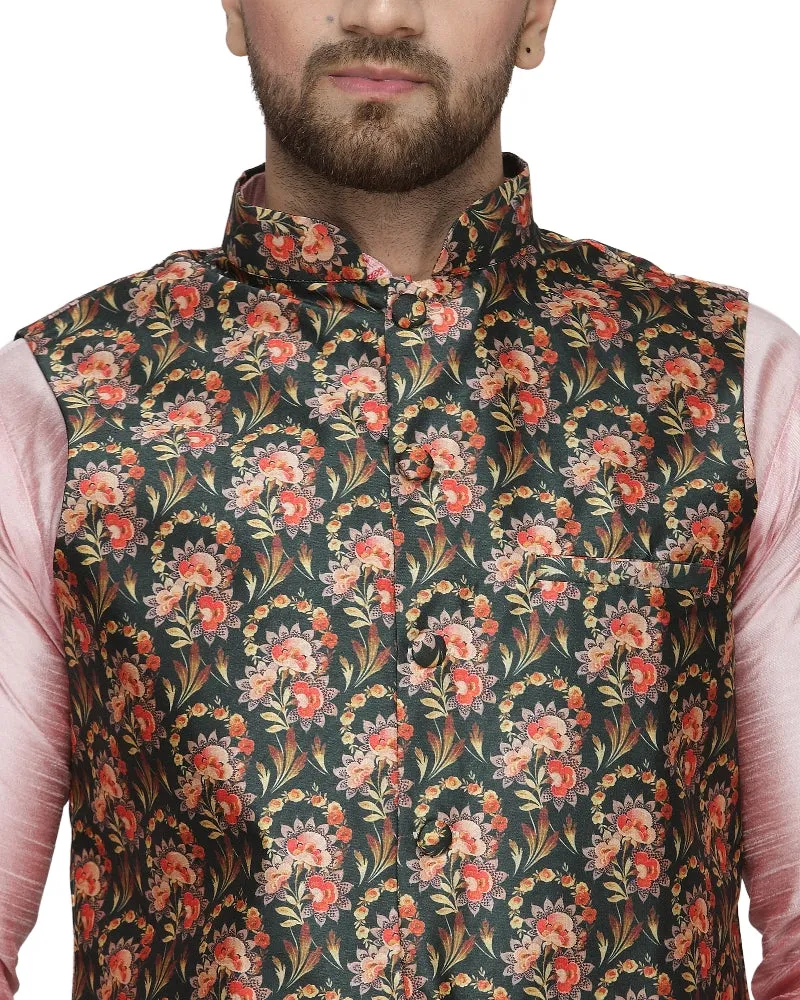 Men's Pink Kurta With White Dhoti & Dark Green Printed Nehru Jacket - Benstoke