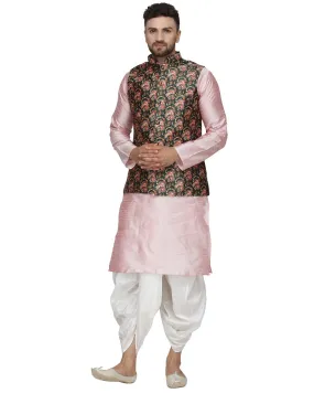 Men's Pink Kurta With White Dhoti & Dark Green Printed Nehru Jacket - Benstoke