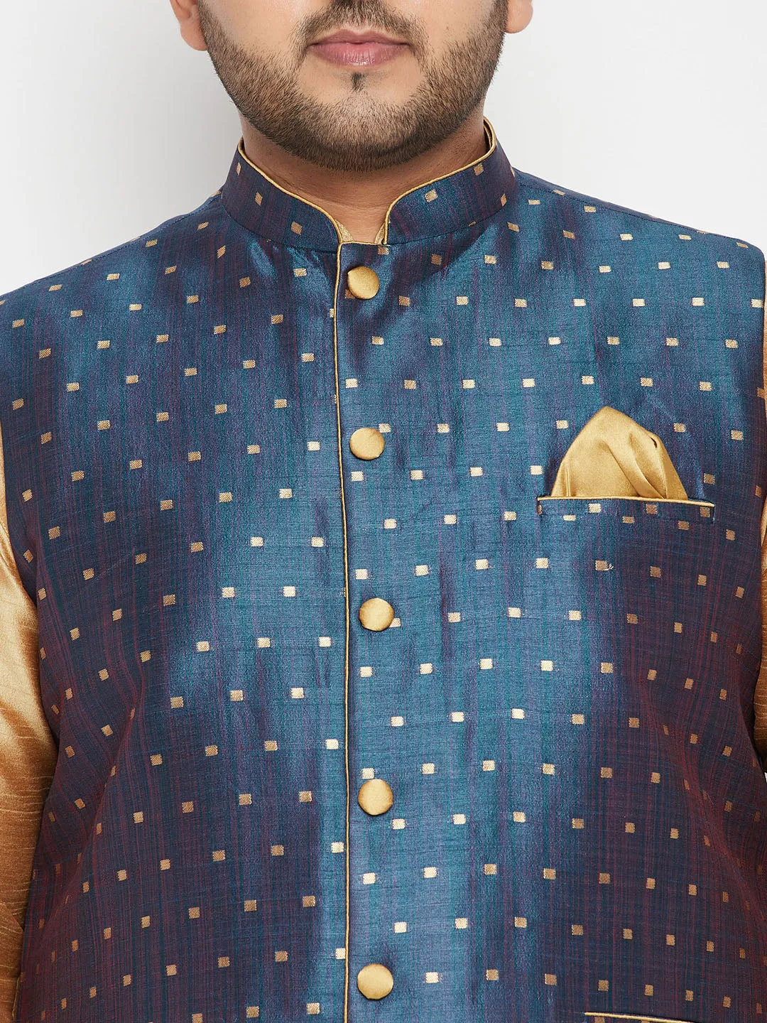 Men's Plus Rose Gold, Blue And White Silk Blend Jacket Kurta Pyjama Set - Vastramay