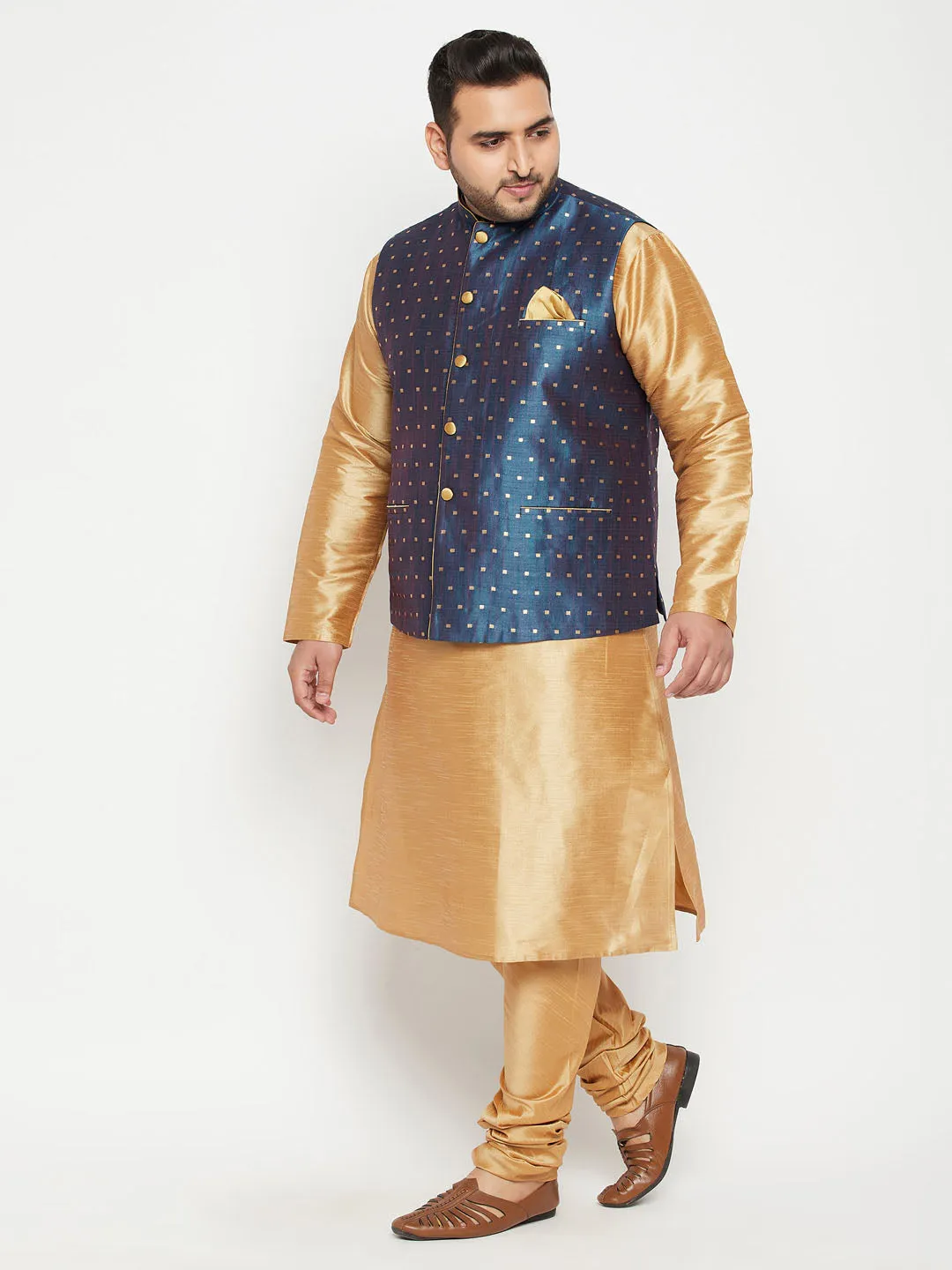 Men's Plus Rose Gold, Blue And White Silk Blend Jacket Kurta Pyjama Set - Vastramay