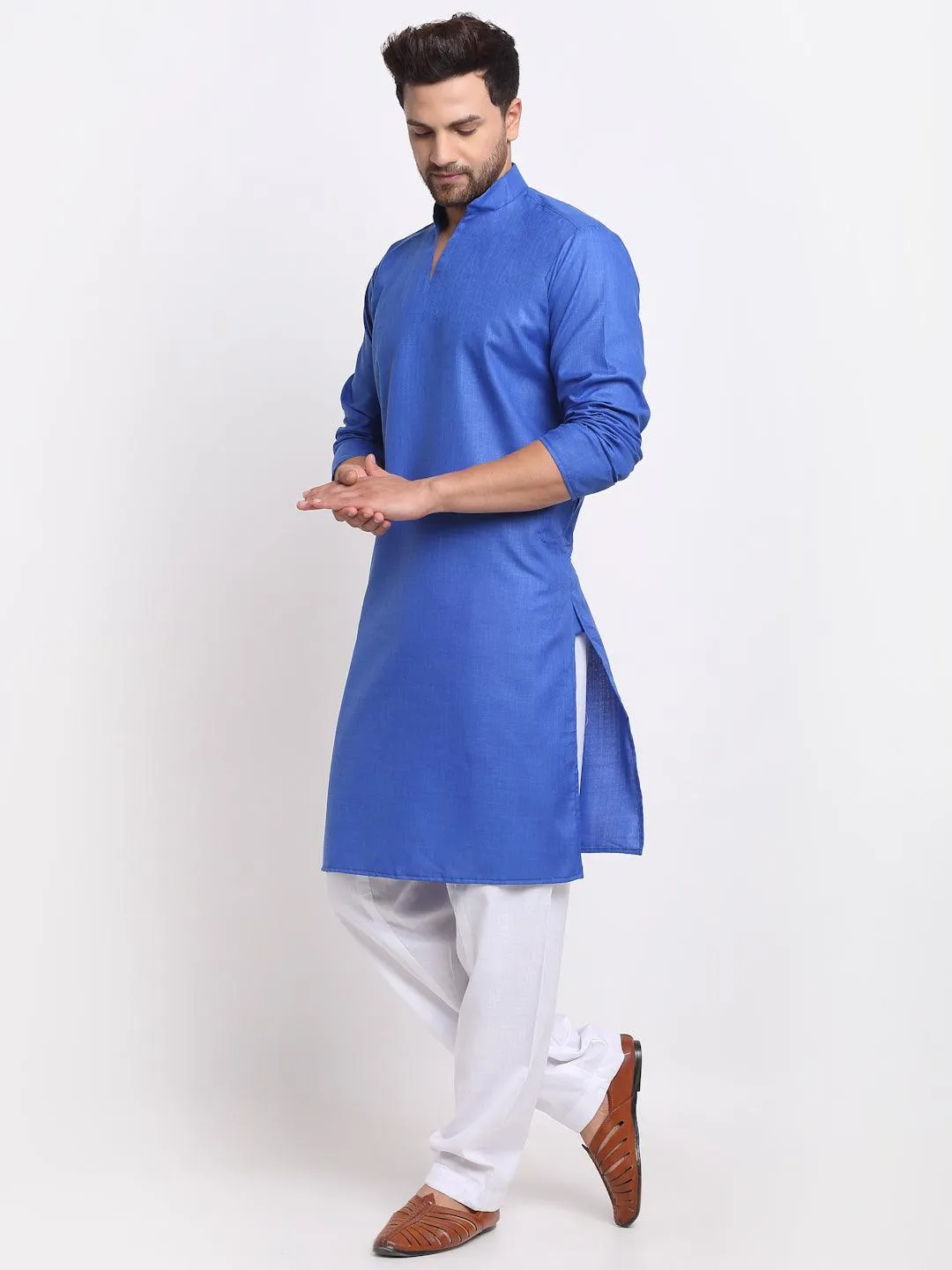 Men's Royal Blue Solid Pathani Kurta With White Salwar - Benstoke