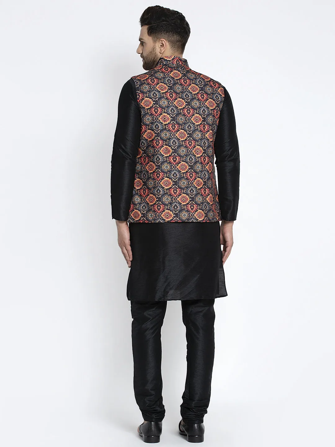 Men's Silk Blend Black Kurta With Pyjama & Black Printed Nehru Jacket - Benstoke