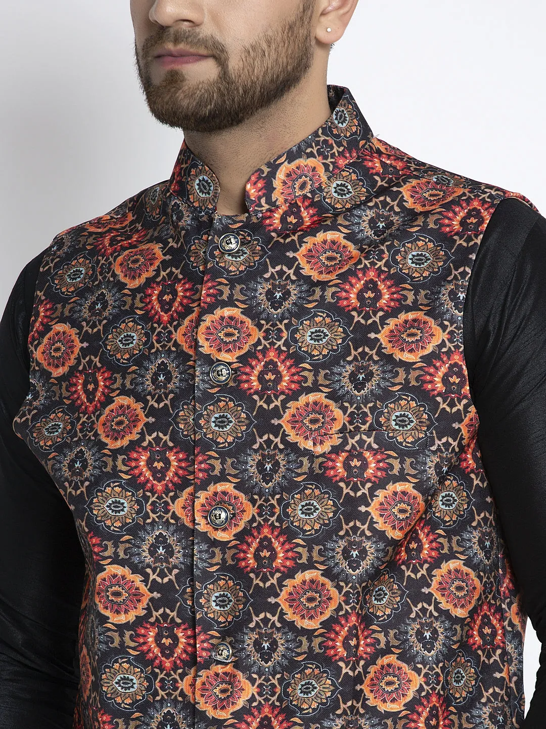 Men's Silk Blend Black Kurta With Pyjama & Black Printed Nehru Jacket - Benstoke