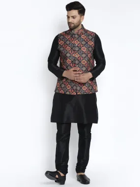 Men's Silk Blend Black Kurta With Pyjama & Black Printed Nehru Jacket - Benstoke