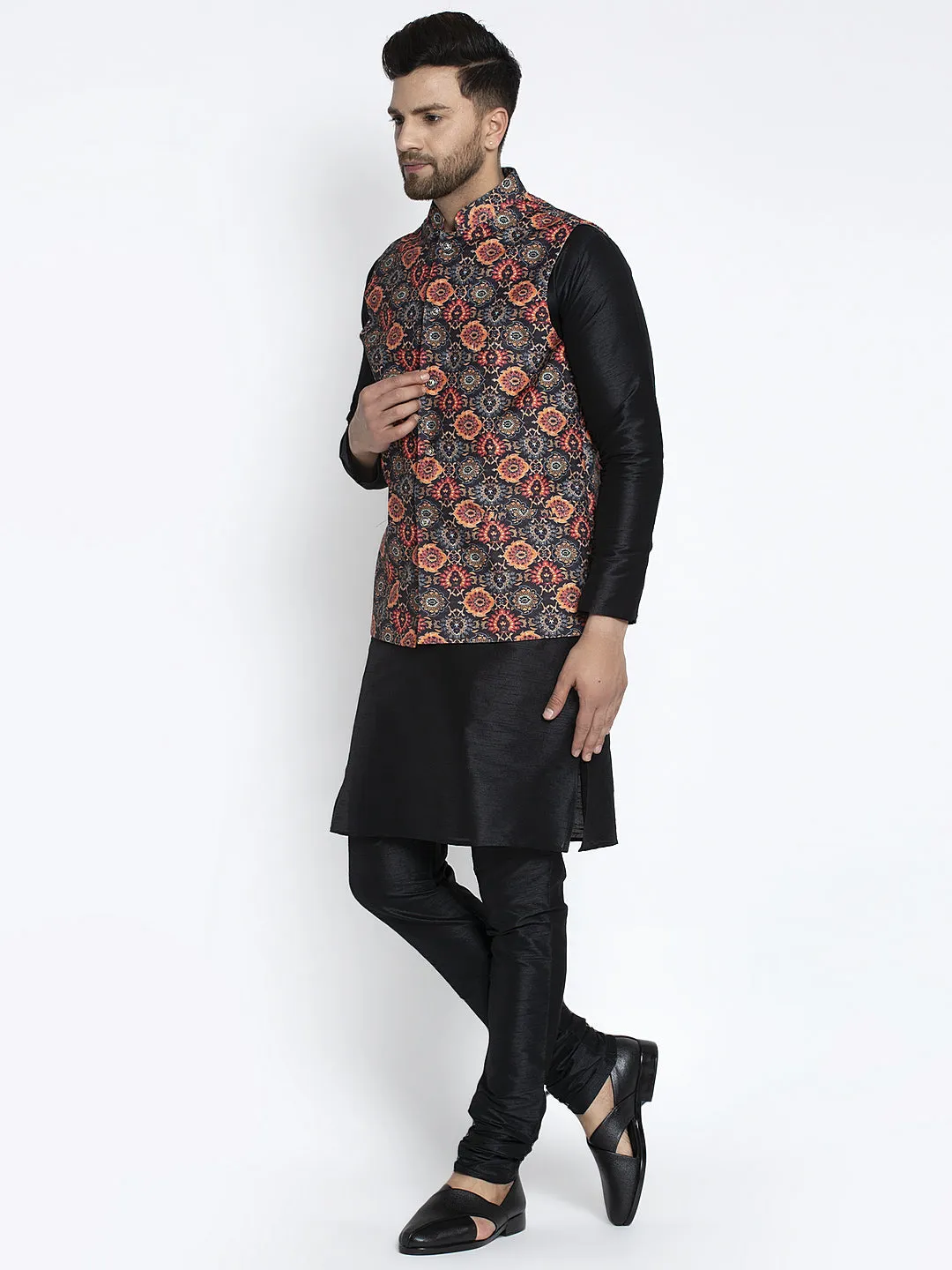 Men's Silk Blend Black Kurta With Pyjama & Black Printed Nehru Jacket - Benstoke