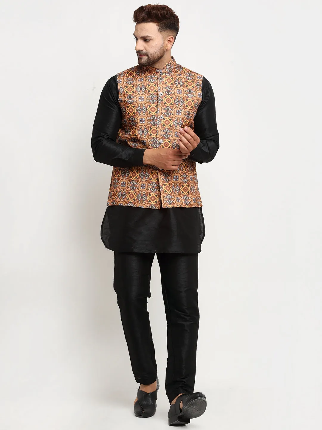 Men's Silk Blend Black Kurta With Pyjama & Mustard Printed Nehru Jacket - Benstoke