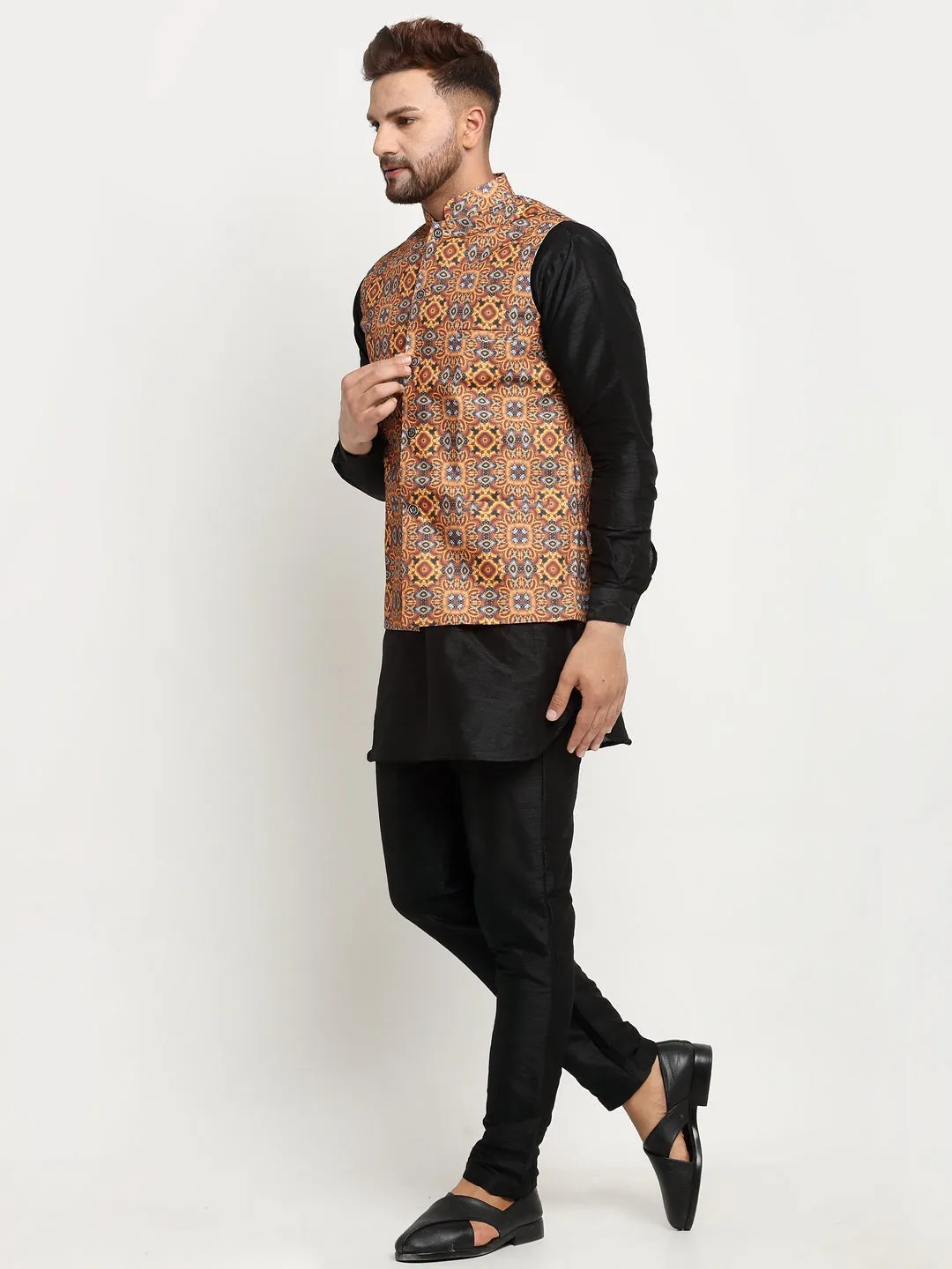 Men's Silk Blend Black Kurta With Pyjama & Mustard Printed Nehru Jacket - Benstoke