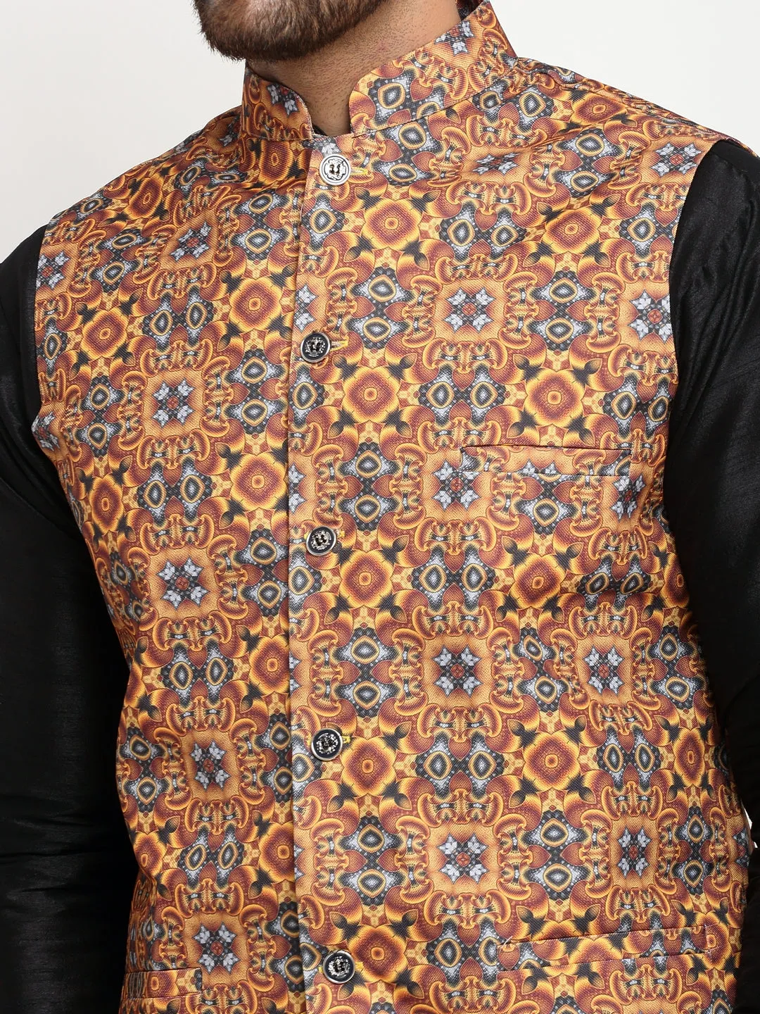 Men's Silk Blend Black Kurta With Pyjama & Mustard Printed Nehru Jacket - Benstoke