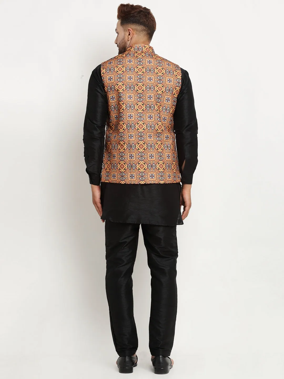 Men's Silk Blend Black Kurta With Pyjama & Mustard Printed Nehru Jacket - Benstoke