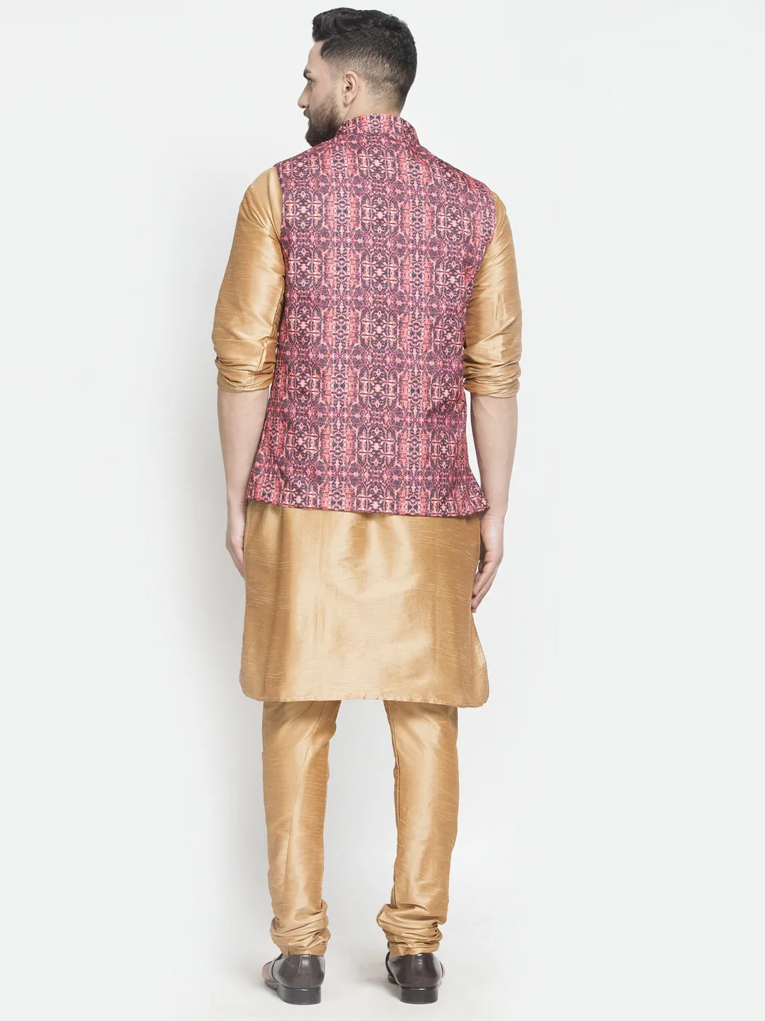 Men's Silk Blend Copper Kurta With Pyjama & Coral Red Printed Nehru Jacket - Benstoke