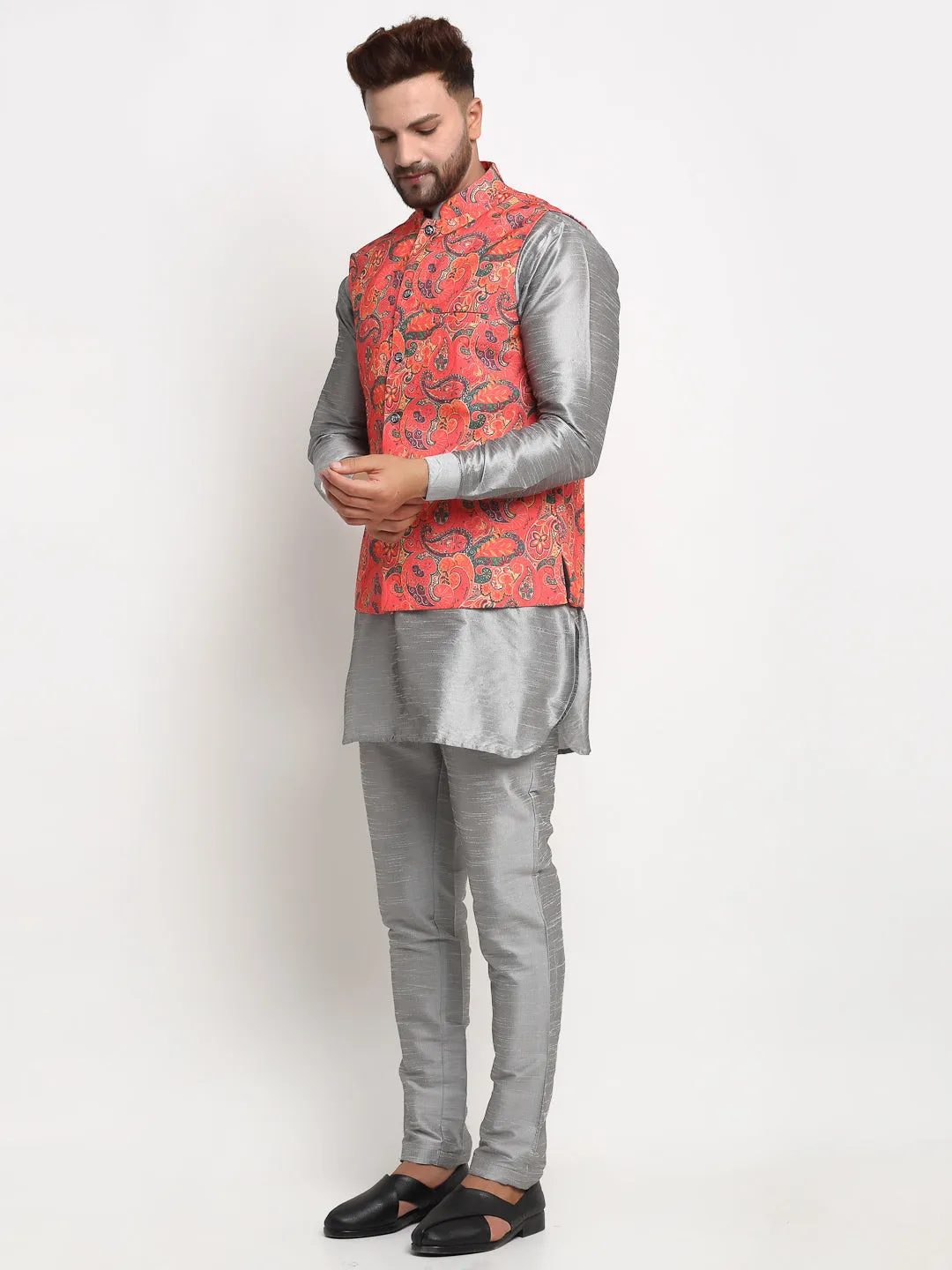 Men's Silk Blend Grey Kurta With Pyjama & Orange Printed Nehru Jacket - Benstoke