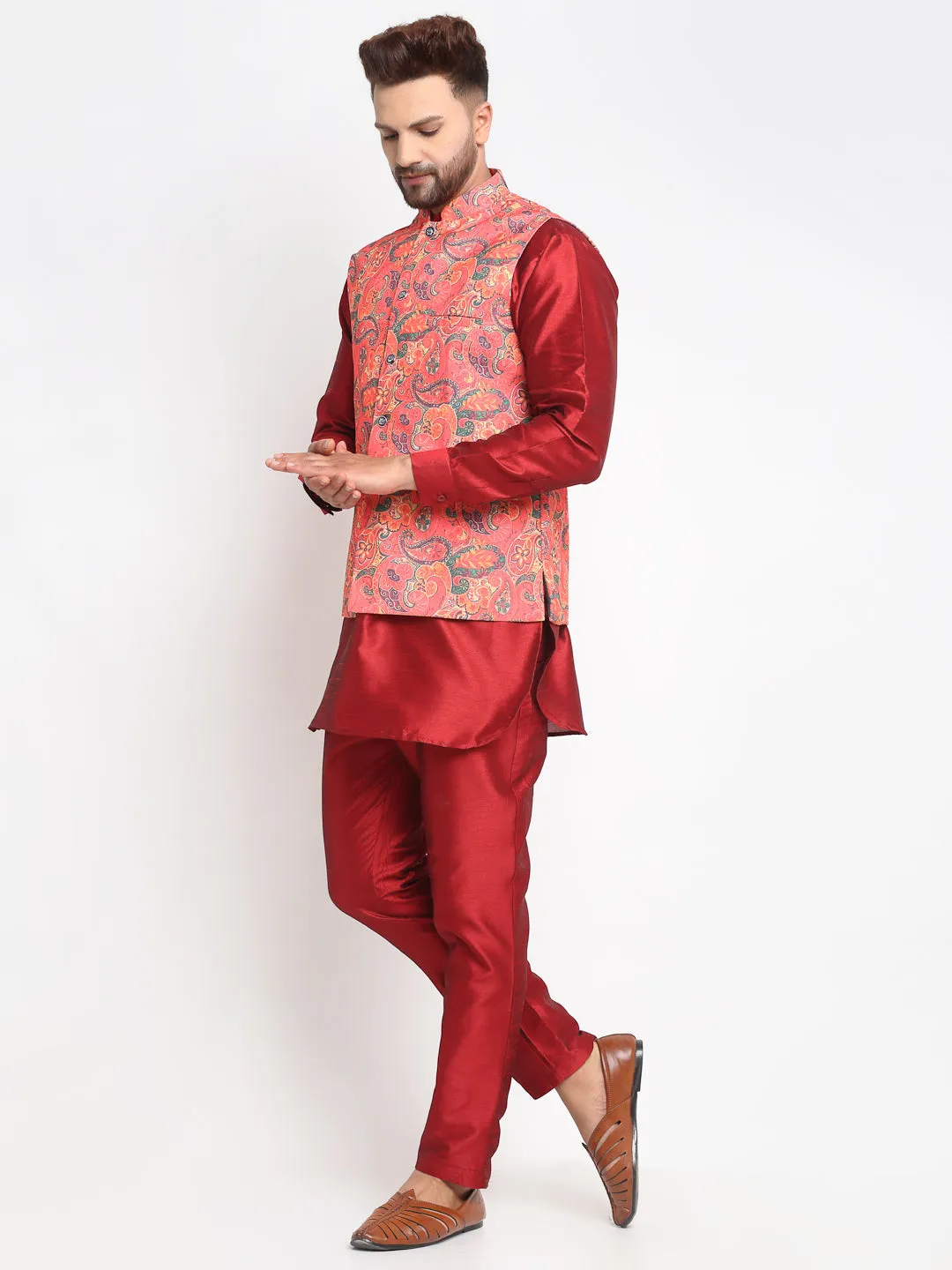 Men's Silk Blend Maroon Kurta With Pyjama & Orange Printed Nehru Jacket - Benstoke