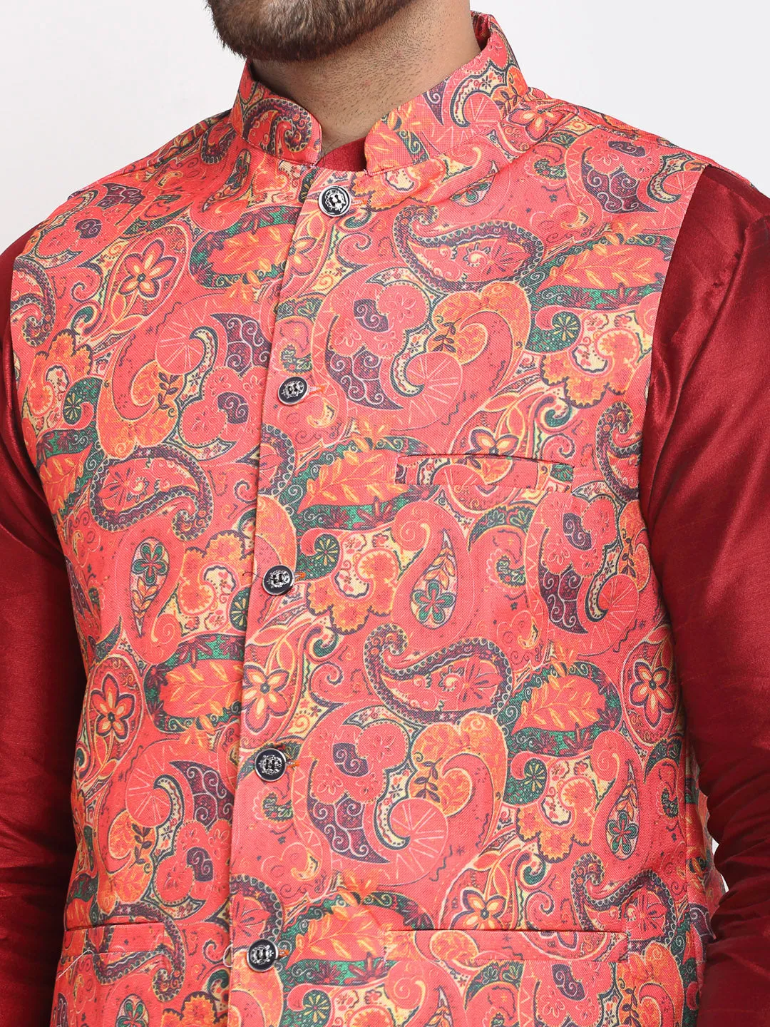 Men's Silk Blend Maroon Kurta With Pyjama & Orange Printed Nehru Jacket - Benstoke